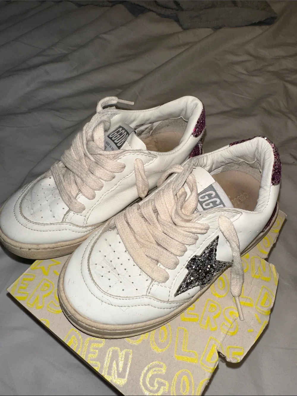 Golden Goose White Kids Sneakers with Pink Heel Accent